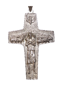 Silver cross with Christ holding lamb and dove descending